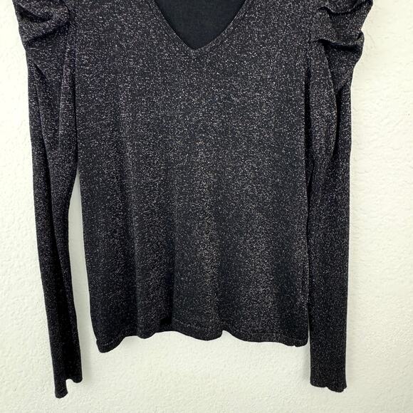 CeCe Womens Long Sleep Top Blouse Size S Metallic Ruffle Sleeve Stretch Black - Picture 4 of 7